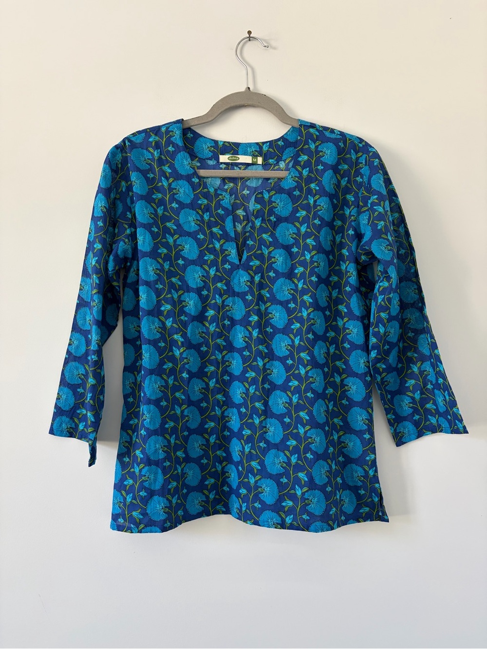 Dolma Blue Green Floral Notched Neck Wide Sleeves Cotton Tunic Blouse NWOT M